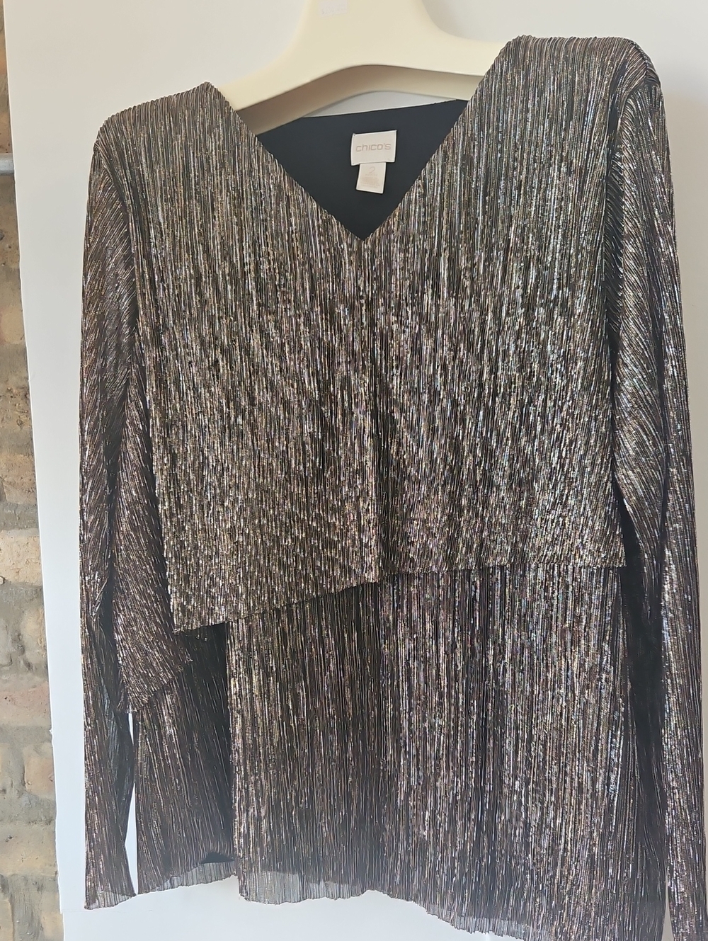Chico's Shimmery Pleated V-Neck Blouse in Silver and Bronze Tones